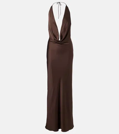Rotate Birger Christensen Draped Chiffon Maxi Dress In Brown