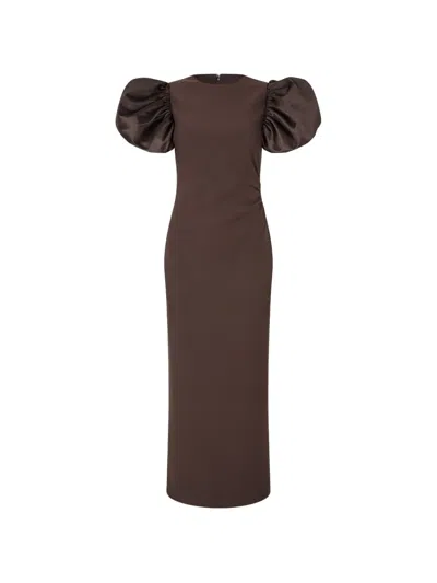 Rotate Birger Christensen Draped Midi Puff Dress In Brown