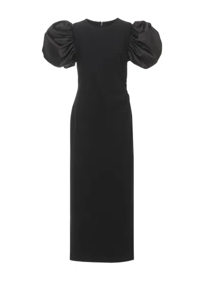 Rotate Birger Christensen Draped Midi Puff Dress With Ballon Sleeves In Black