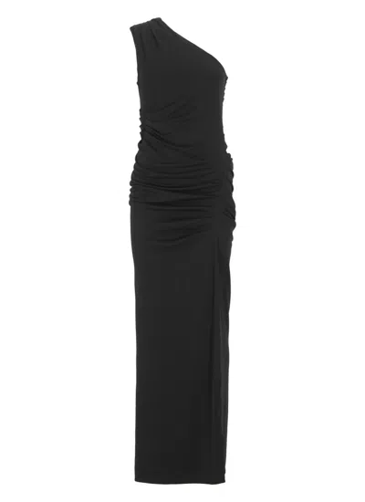 Rotate Birger Christensen Draped One-shoulder Evening Dress With Side Vent In Black