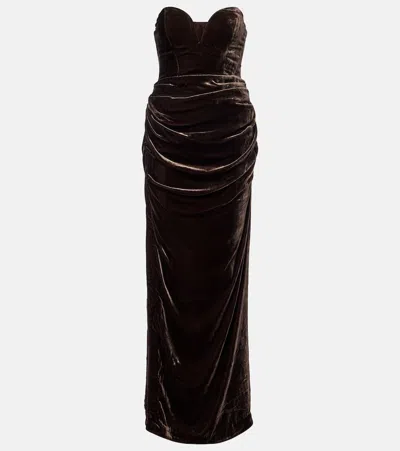 Rotate Birger Christensen Draped Velvet Bustier Gown In Brown