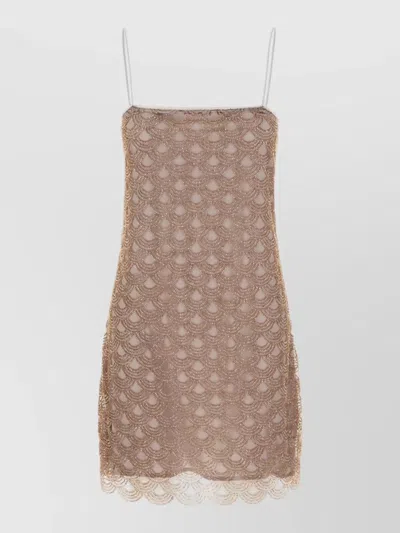 Rotate Birger Christensen Dress Beaded Embellishments Scalloped Hem Sheer Overlay In Gray