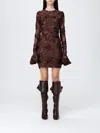 Rotate Birger Christensen Brown Crewneck Mini Dress With Flared Long Sleeves In Tech Fabric Stretch Woman In Brown