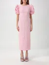 Rotate Birger Christensen Rotate Pink Floral Midi Dress With Puff Sleeves In Mixed Materials Women In Pink
