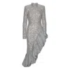 Rotate Birger Christensen Asymmetrical Silver Dress With Sequins In Gray