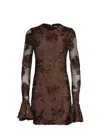 Rotate Birger Christensen Brown Crewneck Mini Dress With Flared Long Sleeves In Tech Fabric Stretch Woman In Brown