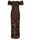 Rotate Birger Christensen Brown Long Dress With Removable Short Sleeves And All-over Floral Embroidery In Tech Fabric Stretch  In Brown