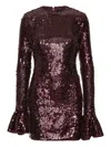 Rotate Birger Christensen Bordeaux Sequin Crewneck Mini Dress With Flared Sleeves In Tech Fabric Stretch Woman In Burgundy
