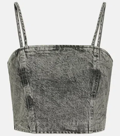 Rotate Birger Christensen Embellished Denim Crop Top In Grey
