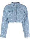 Rotate Birger Christensen Embellished Denim Cropped Biker Jacket In Blue