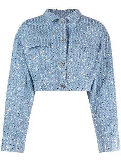 Rotate Birger Christensen Embellished Denim Cropped Biker Jacket In Blue