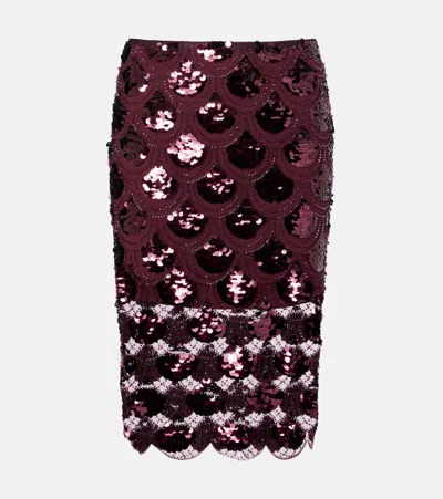 Rotate Birger Christensen Embellished Mesh Midi Skirt In Burgundy