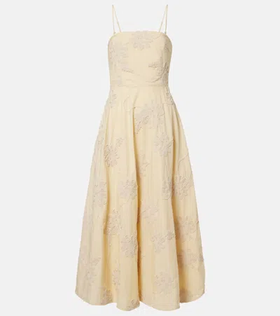 Rotate Birger Christensen Embroidered Cotton Midi Dress In Yellow