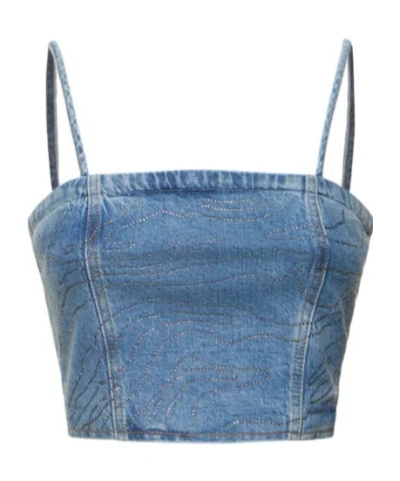 Rotate Birger Christensen Emili Embellished With Thin Shoulder Strap Denim Sling In Light Blue