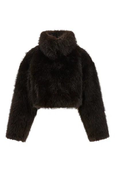 Rotate Birger Christensen Faux Fur Cropped Jacket In Brown