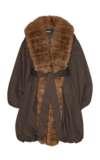Rotate Birger Christensen Faux Fur-trimmed Coat In Brown