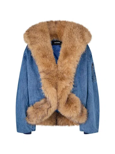 Rotate Birger Christensen Faux Fur-collar Bomber Denim In Blue