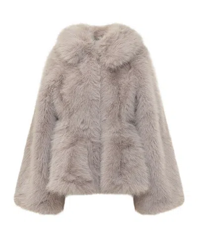 Rotate Birger Christensen Faux-fur Flared Jacket In Light Gray Purple