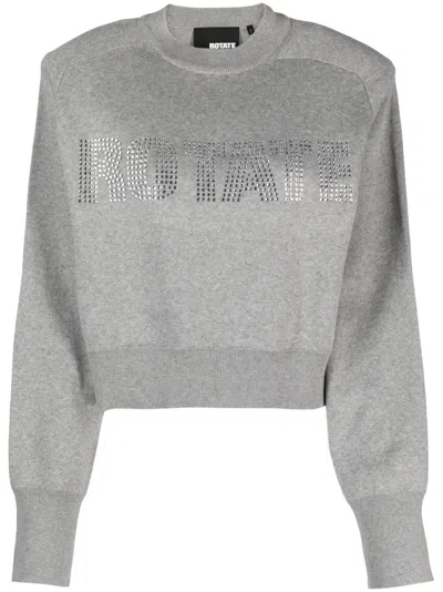 Rotate Birger Christensen Rotate Cropped Sweater With Rhinestone Studded Logo In Gray
