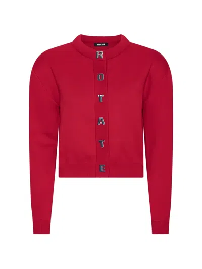Rotate Birger Christensen Cropped Red Sweater With Bold Button Placket In Transparent