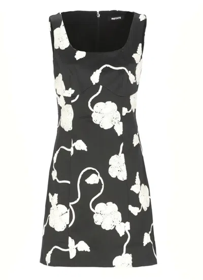 ROTATE BIRGER CHRISTENSEN FITTED BLACK 3D FLORAL MINI DRESS WITH CREW NECK