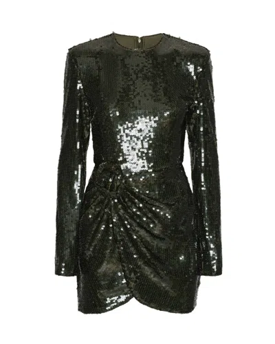 Rotate Birger Christensen Fitted Dark Olive Sequined Mini Dress With Draped Detail In Green