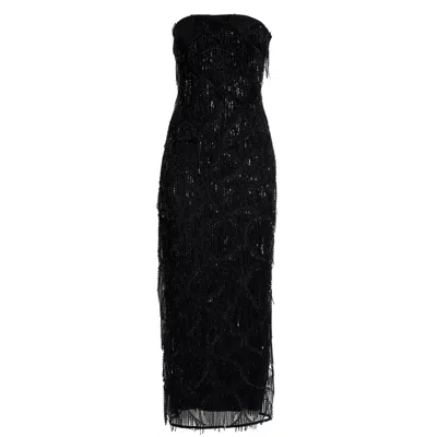 Rotate Birger Christensen Fitted Midi Dress With Sequins And Fringes In Black
