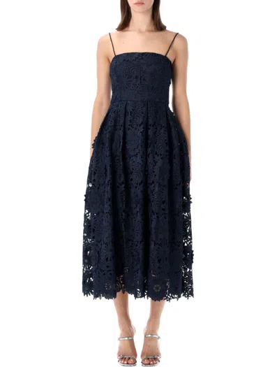 Rotate Birger Christensen Flared 3d Lace Midi Dress In Blue