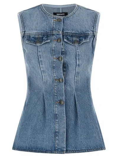 Rotate Birger Christensen Flared Denim Tank Top In Blue