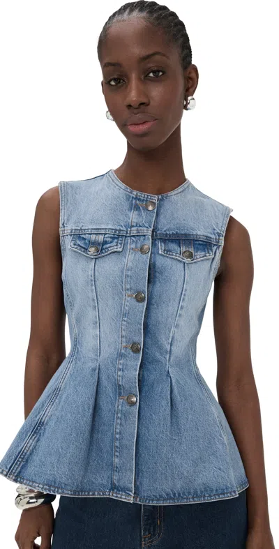 Rotate Birger Christensen Denim Flared Silhouette Button-front Cotton Tank Top In Blue