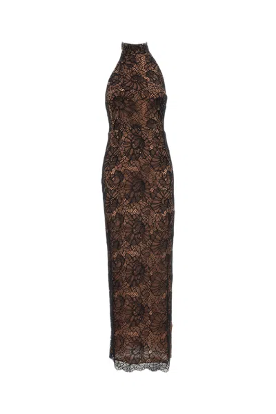 Rotate Birger Christensen Floor-length Floral Lace Halterneck Dress With Scalloped Hemline In Brown