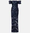 Rotate Birger Christensen Floral-appliqué Mesh Gown In Blue