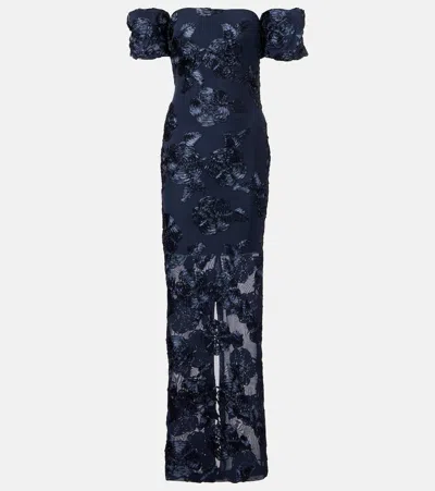 Rotate Birger Christensen Floral-appliqué Mesh Gown In Blue