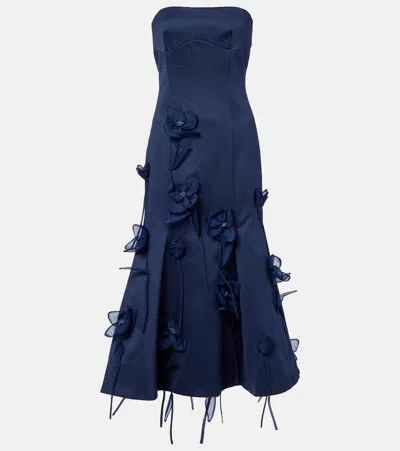 Rotate Birger Christensen Floral-appliqué Satin Midi Dress In Blue