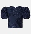 Rotate Birger Christensen Floral-embellished Puff-sleeve Top In Blue