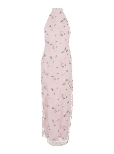Rotate Birger Christensen Floral Beaded Long Open-back Dress For Women In Pink