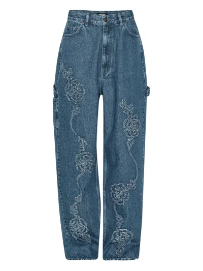 Rotate Birger Christensen Floral Denim Boyfriend Jeans In Blue