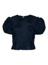 Rotate Birger Christensen Floral-embellished Puff-sleeve Top In Blue