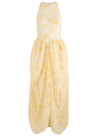 Rotate Birger Christensen Floral-embellished Tulle Midi Dress In Yellow