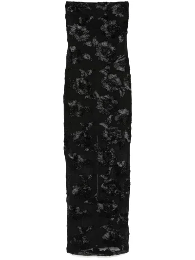 Rotate Birger Christensen Floral-embroidered Mesh Maxi Dress In Black