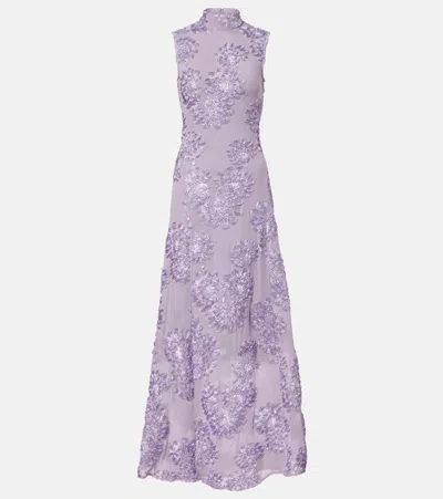 Rotate Birger Christensen Floral Embroidered Mesh Maxi Dress In Purple