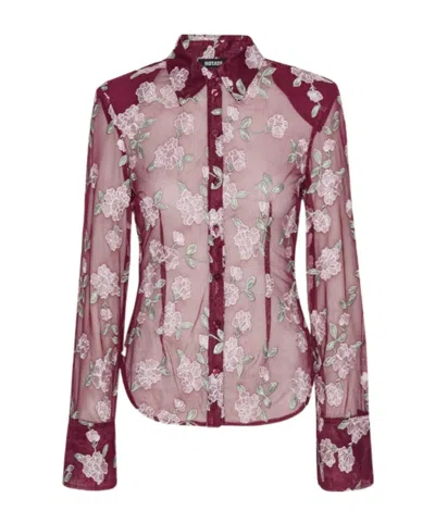 Rotate Birger Christensen Mesh Fitted Shirt In Burgundy