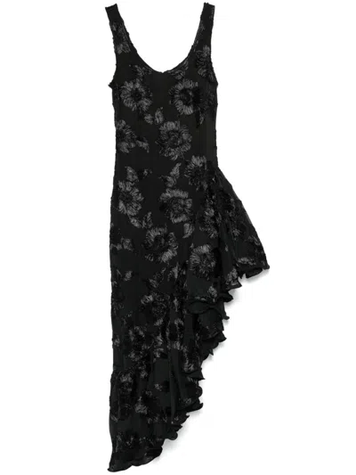 Rotate Birger Christensen Floral-embroidered Ruffle-detail Midi Dress In Black