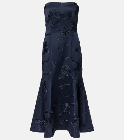 Rotate Birger Christensen Floral Embroidered Strapless Midi Dress In Blue