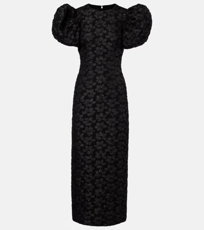 Rotate Birger Christensen Floral Jacquard Puff-sleeve Midi Dress In Black