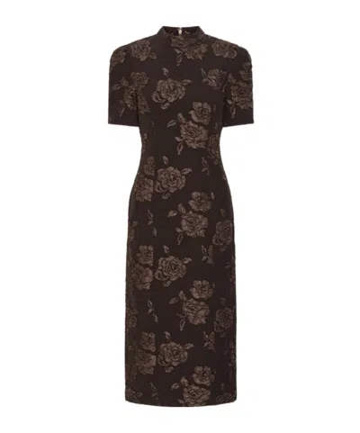 Rotate Birger Christensen Floral Jacquard Short-sleeve Midi Dress In Brown