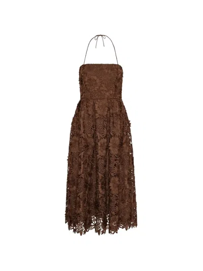 Rotate Birger Christensen Floral Lace Midi Dress In Brown