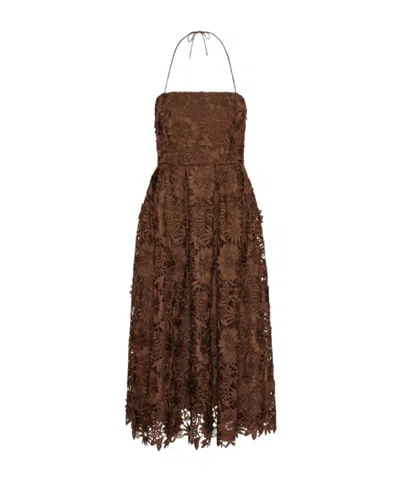 Rotate Birger Christensen Floral Lace Midi Dress In Brown