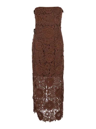 Rotate Birger Christensen Floral Lace Midi Dress In Brown