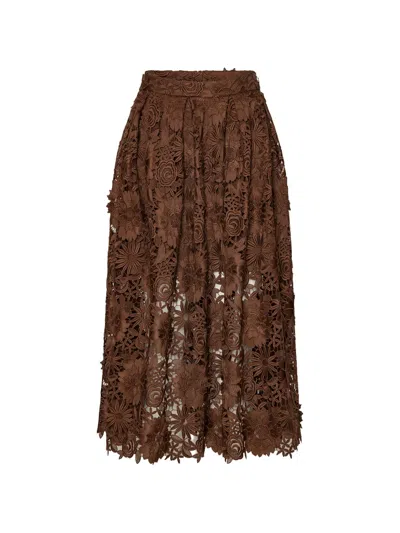 Rotate Birger Christensen Floral Lace Midi Skirt In Brown